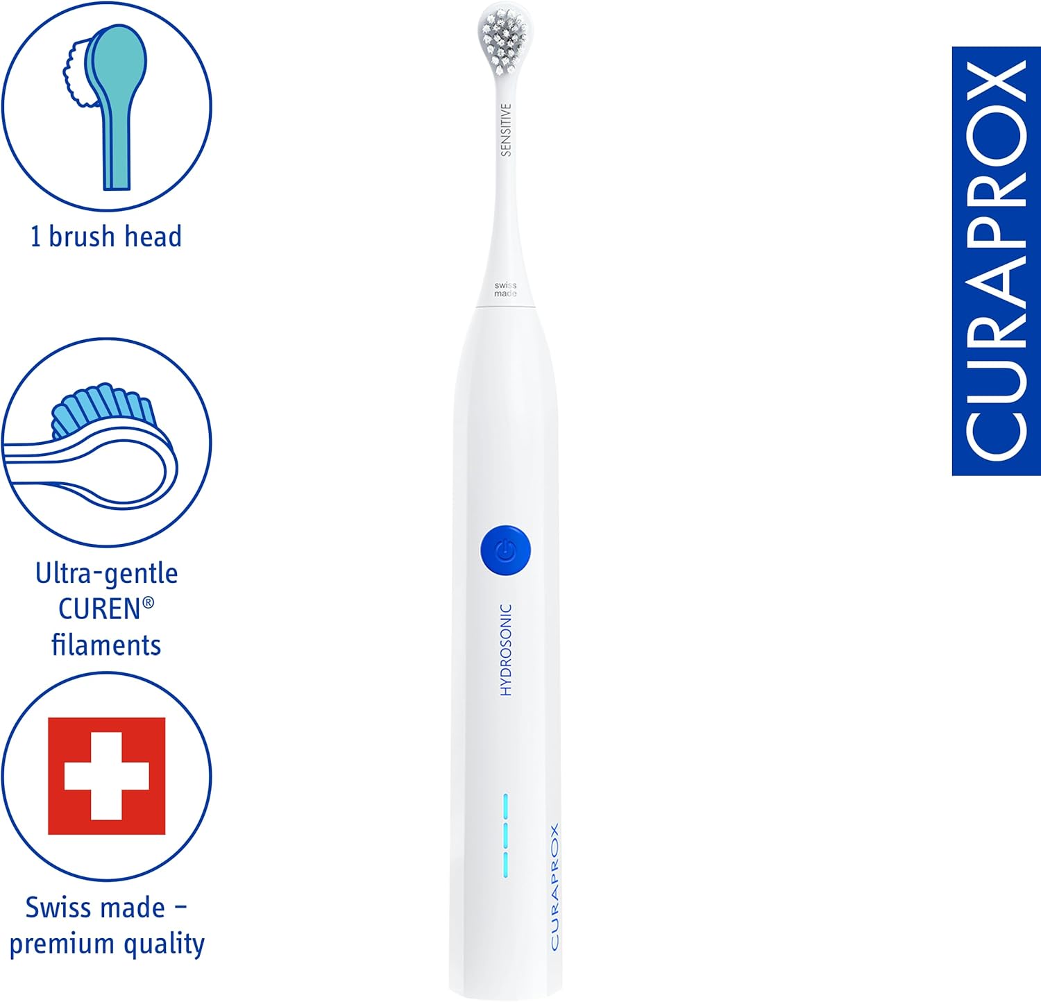 Curaprox Hydrosonic Easy Sonic Toothbrush – for Daily Gum Care and Plaque Control | Simple, Effective, Reliable | One Brush Head