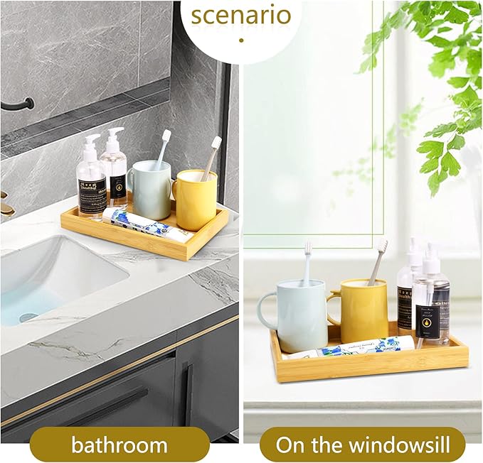 Natural Bamboo Vanity Tray, Sink Tray, Smooth and Thick Wooden Tray for Toilet Tank and Bathroom Counter Top, Kitchen Decor Wood Holder and SPA Home, 11.5x7.6x1.2 inches