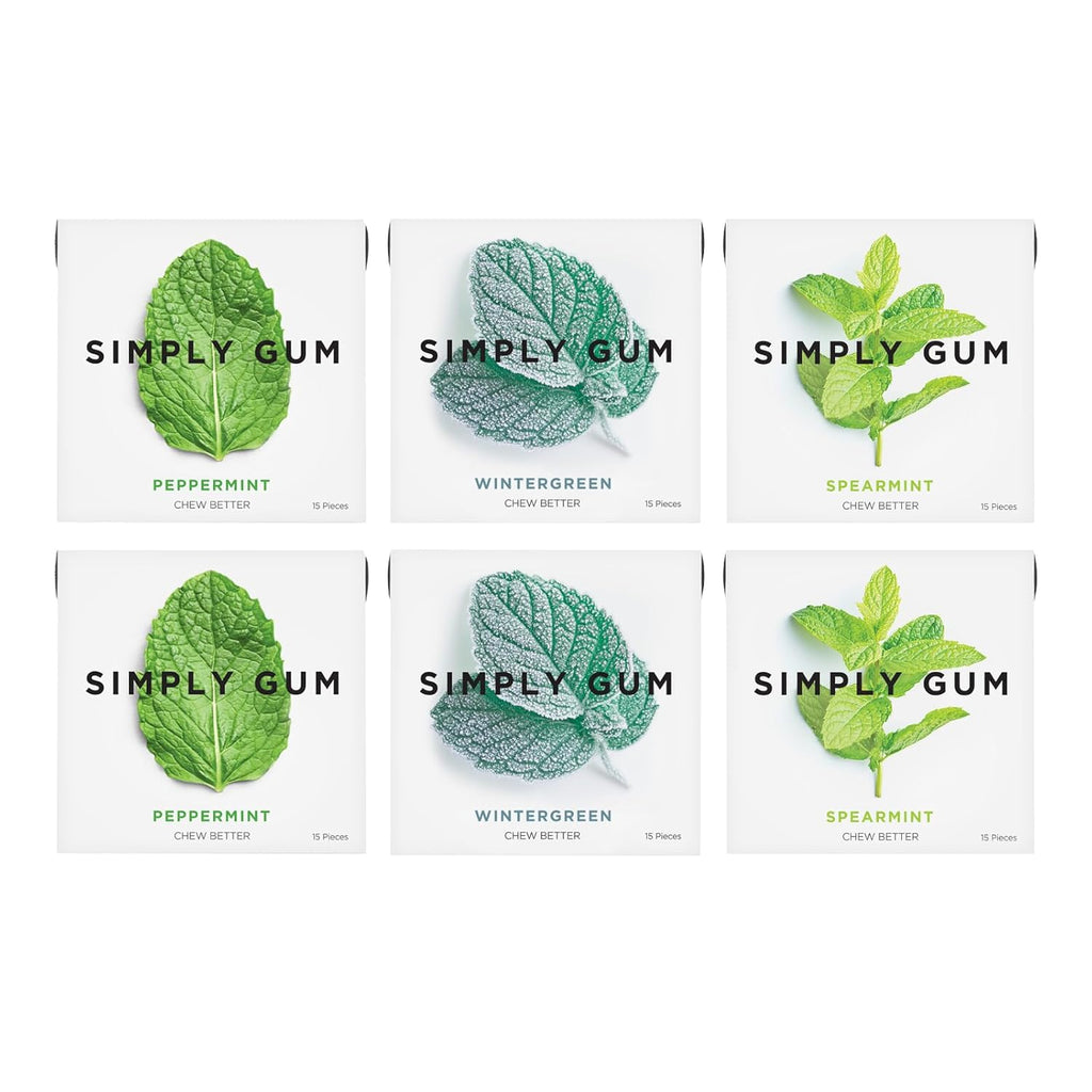 SIMPLY Gum Mint Variety Pack (Peppermint, Spearmint, Wintergreen), Plastic-Free Natural Chewing Gum, 6 Pack (90 Pieces) | Vegan, Kosher, Non GMO, Aspartame Free and Sorbitol Free