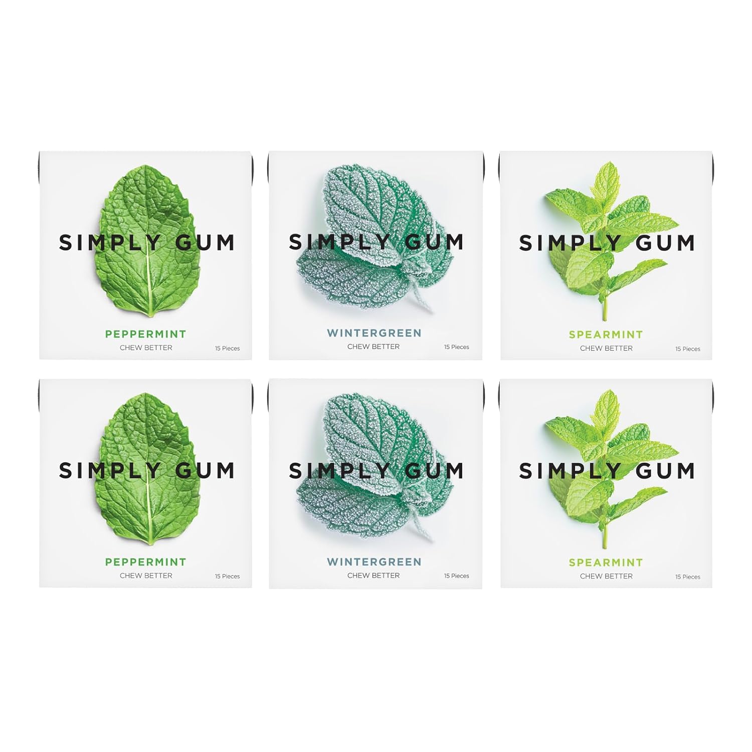 SIMPLY Gum Mint Variety Pack (Peppermint, Spearmint, Wintergreen), Plastic-Free Natural Chewing Gum, 6 Pack (90 Pieces) | Vegan, Kosher, Non GMO, Aspartame Free and Sorbitol Free