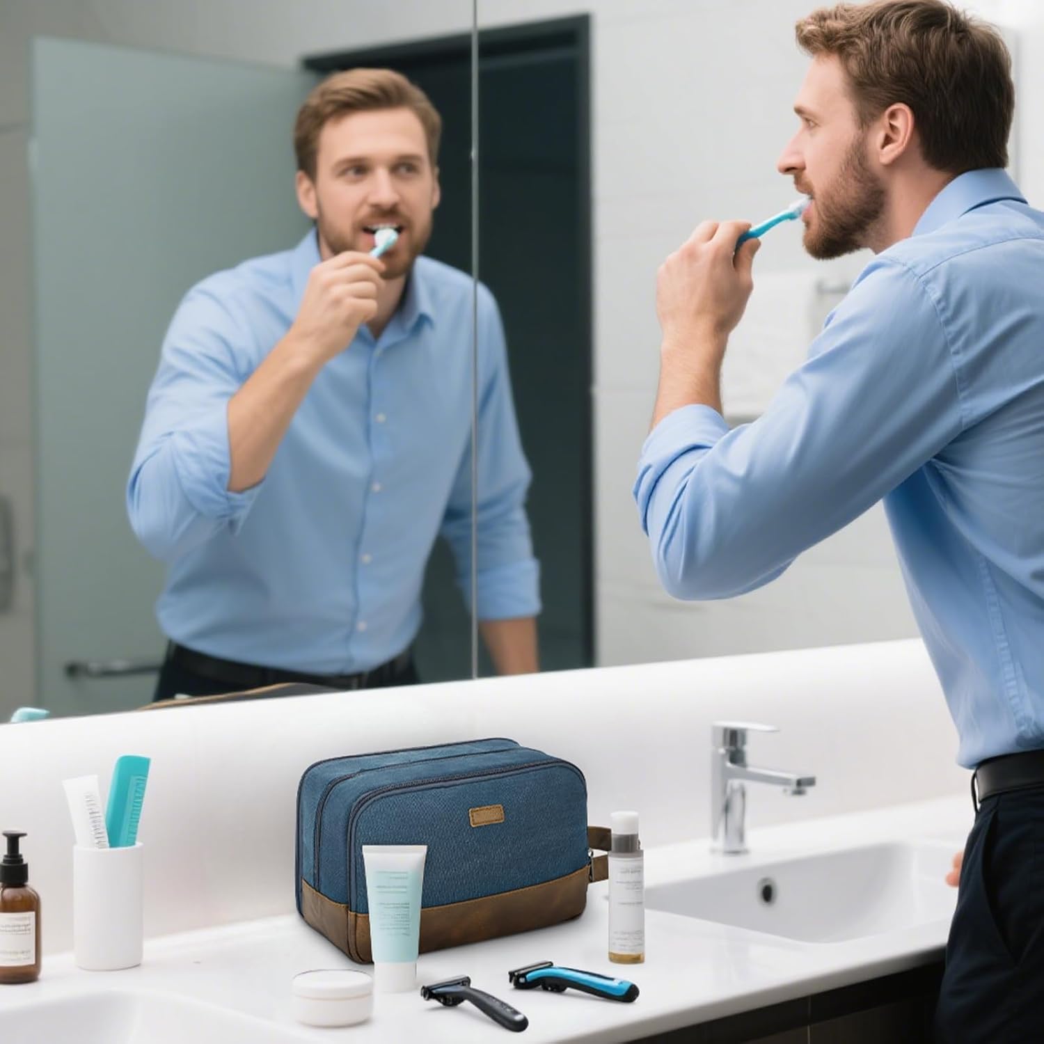 WANDF Travel Toiletry Bag for Men Large Toiletries Shaving Bag Water Resistant Hanging Dopp Kit Travel Accessories Bag for Women Men (Blue)