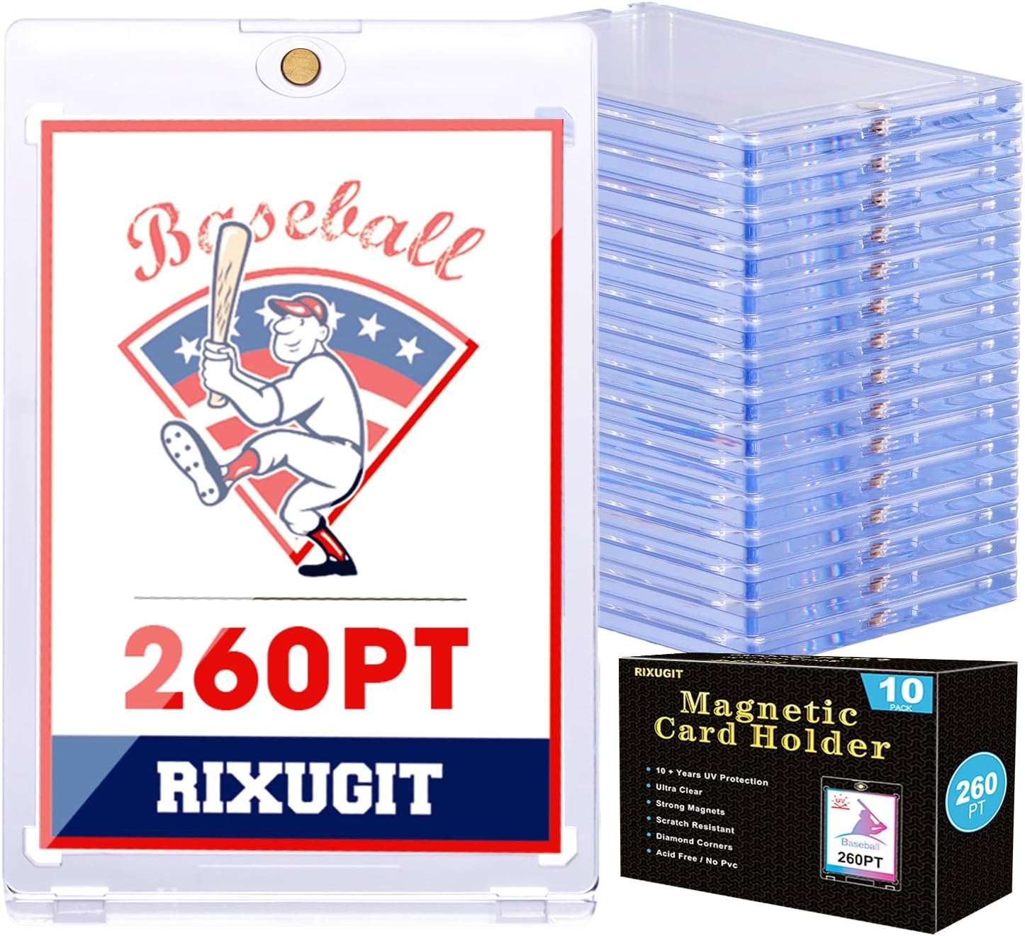 10-Pack Magnetic Card Holder for Trading-Cards - 260PT Clear Trading Card Sleeves, Magnetic Card Case for Baseball Cards, Card Protectors Hard Plastic, Display Case for Game Cards and Sports Cards