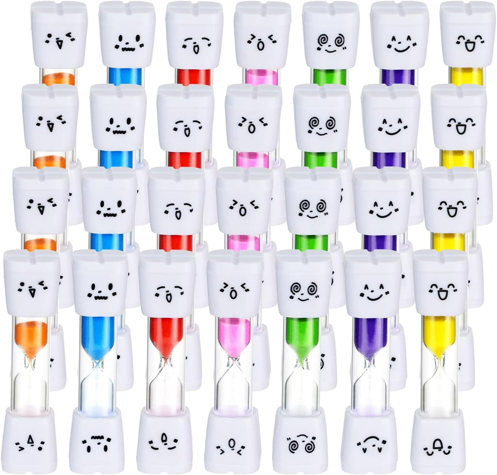 28PCS Brushing Teeth Timer Set, 7 Colors Colorful Hourglass Sand Clock,2mins Cute Smile Face Kids Sand Timer for Classroom Games Home Office,Smiling Toothbrush Timer for Kitchen Cooking, Decoration