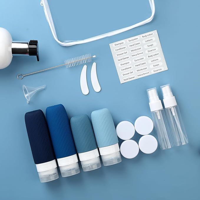 16 Pack Travel Bottles Set, TSA Approved Leak Proof Silicone Squeezable Containers for Toiletries, Refillable Travel Accessories for Conditioner, Shampoo, Lotion & Body Wash Accessories