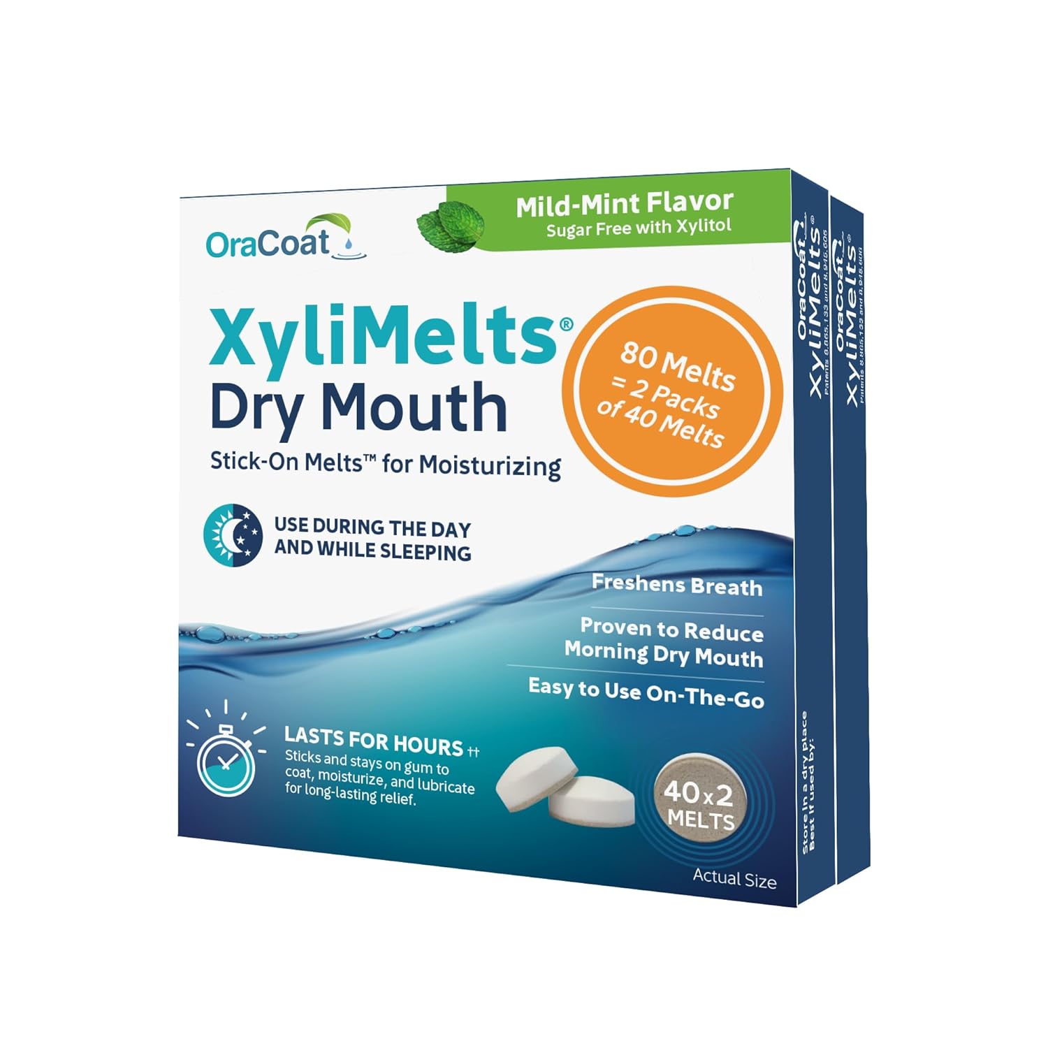 Oracoat XyliMelts for Dry Mouth Night Time or Day - Moisturizing Dry Mouth Adhering Discs, Sugar Free with Xylitol, 80 Count (2 X 40 Twin Pack), Mild Mint Flavor, 8-Hour Relief