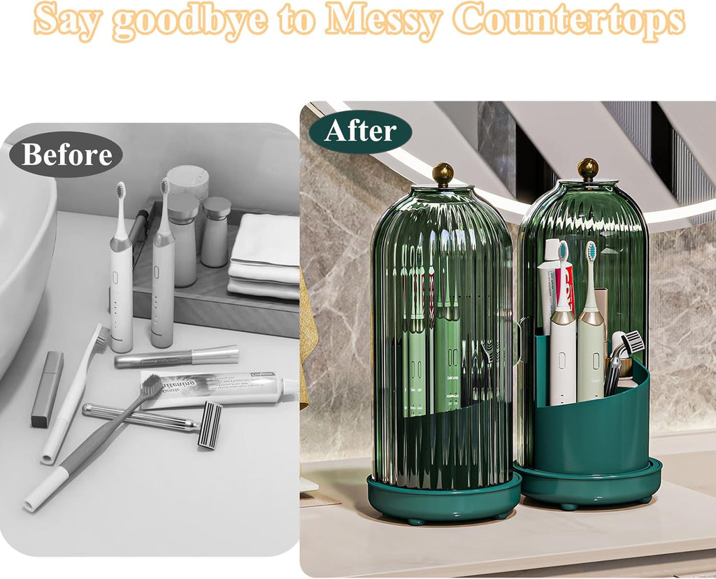 Toothbrush Holders with Cover, Drainage Rotating Electric Toothbrush Organizer, 3 Slots Tooth Brush Holder for Bathroom Counter, Green