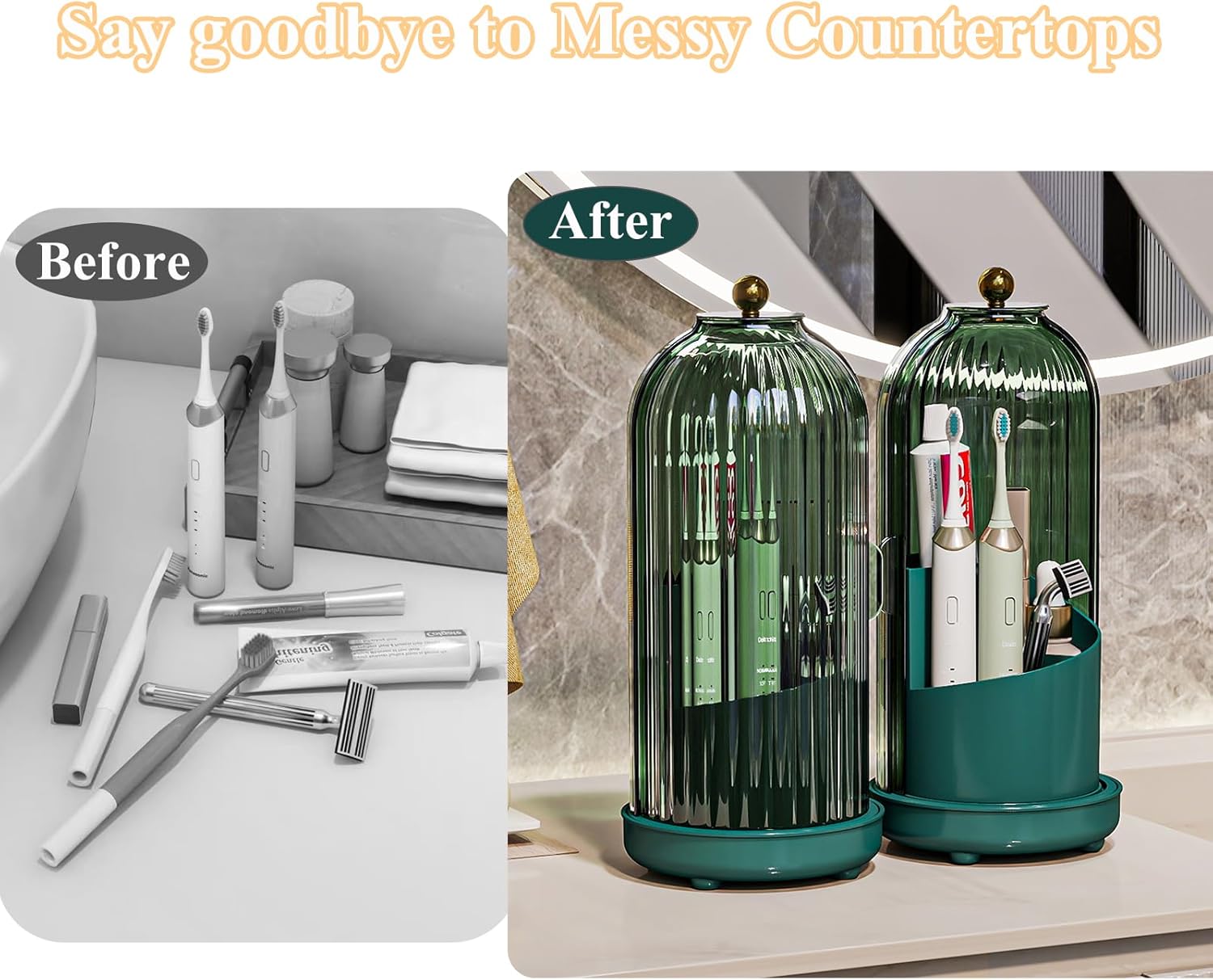 Toothbrush Holders with Cover, Drainage Rotating Electric Toothbrush Organizer, 3 Slots Tooth Brush Holder for Bathroom Counter, Green