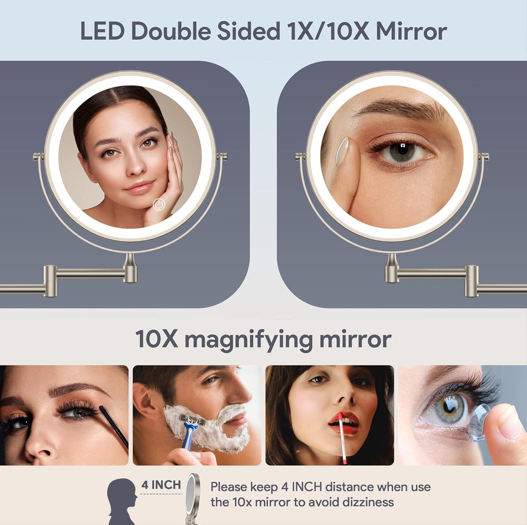 Rocollos 9" Wall Mounted Lighted Makeup Mirror, Large Double Sided 1X/10X Magnifying Mirror, 3 Color LED Vanity Mirror, Touch Dimmable 360° Swivel Light Up for Bathroom