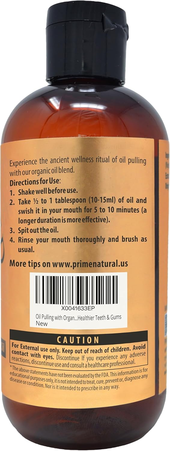 PRIME NATURAL Oil Pulling with Organic Coconut & Organic Cinnamon Bark Oil 8oz - Natural Oral Care & Teeth Whitening - Alcohol Free Mouthwash Freshens Breath, Healthier Teeth & Gums