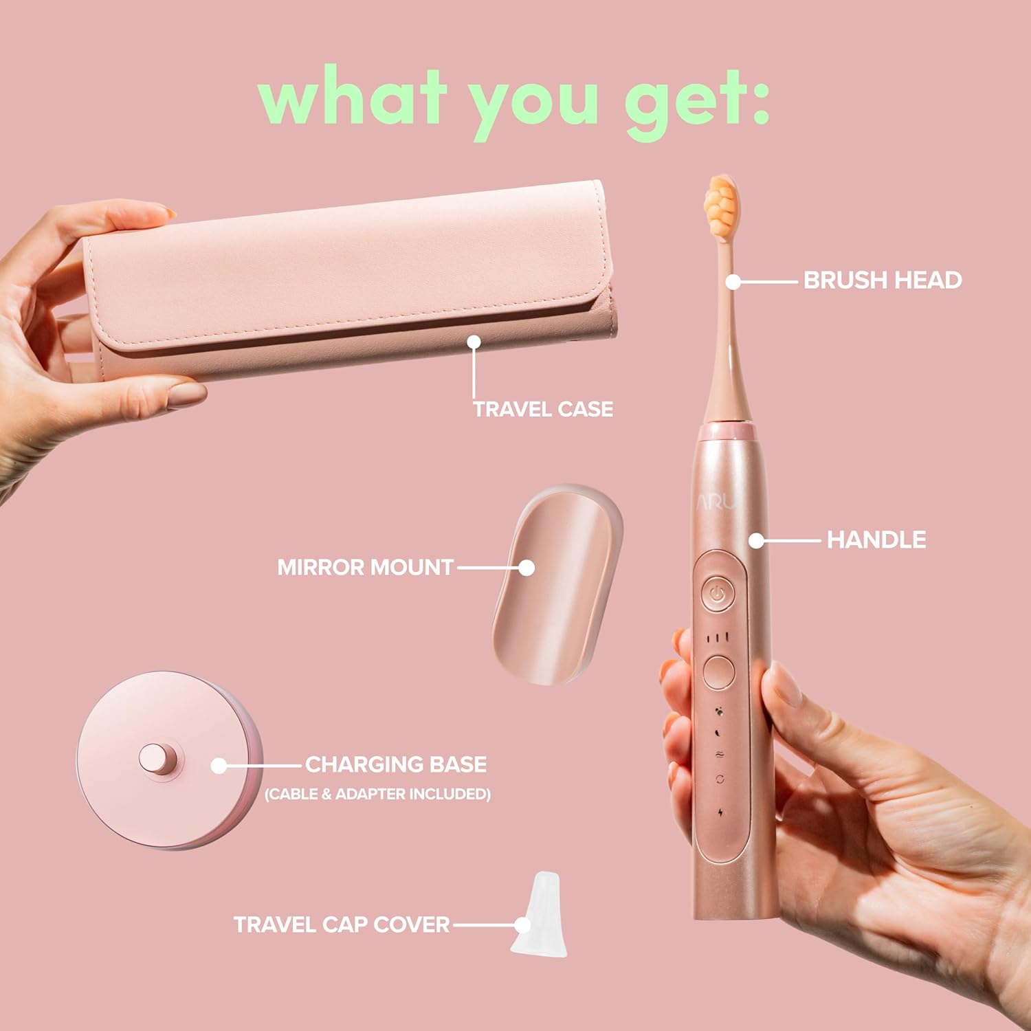 ARU Sonic Toothbrush Starter Kit with Customizable Modes and 2 Minute Timer, ADA-Approved Electric Toothbrush for Adults, Soft Toothbrush for Gums, 45+ Days Battery, Travel Case, Rose Pink