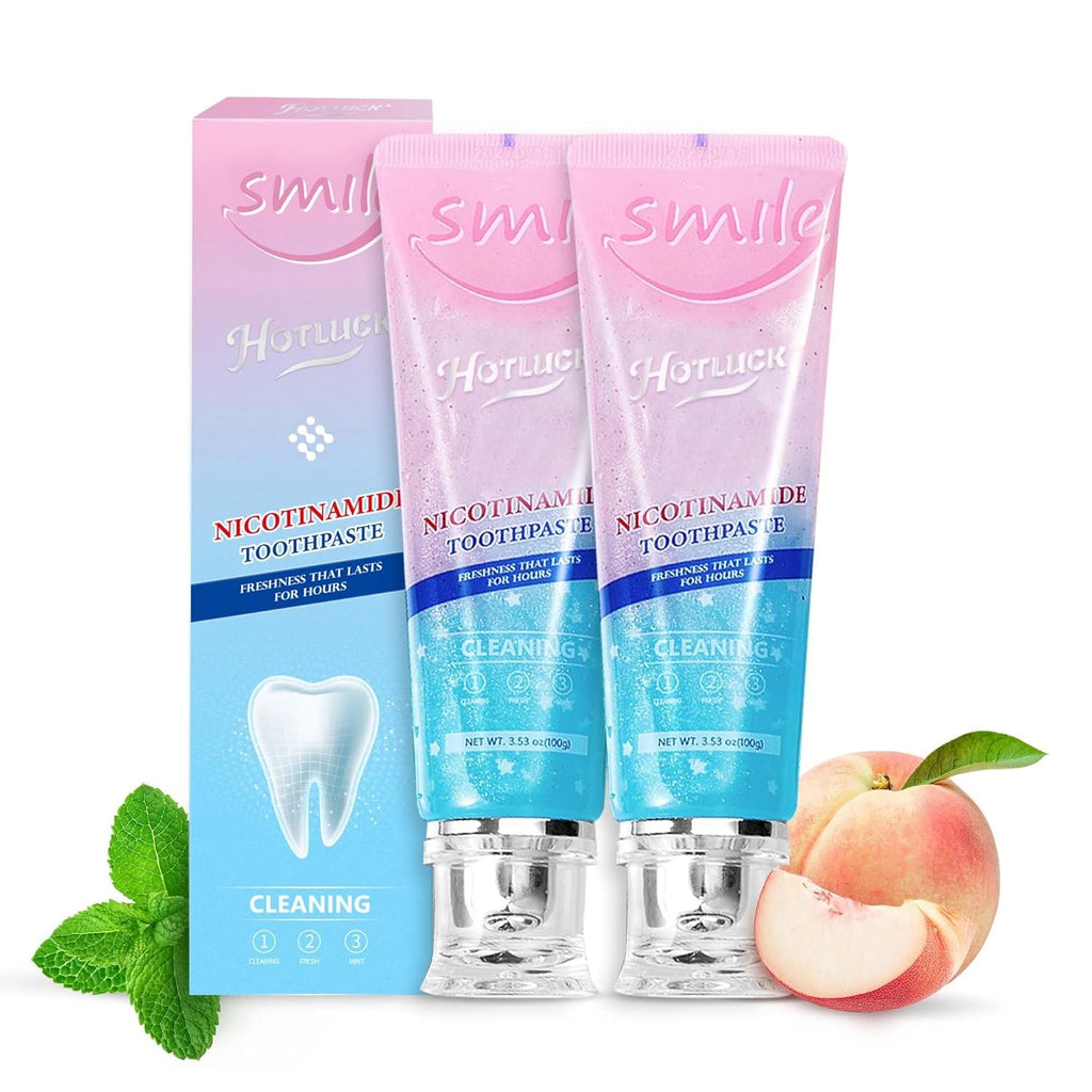 Hotluck Niacinamide Whitening Toothpaste - Brightening, Stain Removal, Freshening Breath - Deep Gentle Cleaning Tooth Paste, Boosting Gum Health, Mint & Peach 3.53oz (Pack of 2)
