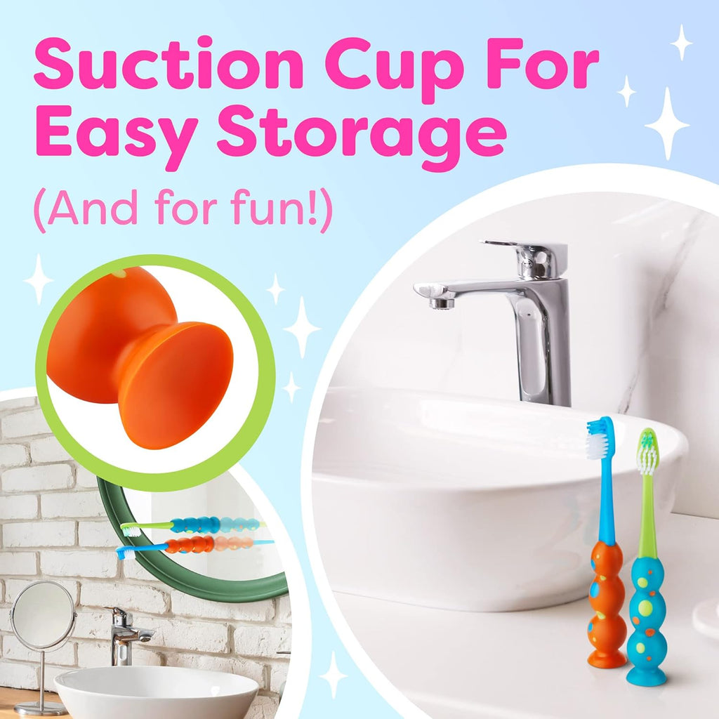 Trueocity Kids Toothbrush 4 Pack - Soft Contoured Bristles - Child Sized Brush Heads (3-10 Year Old) - Suction Cup for Fun & Easy Storage - Girl & Boy Set (Blue & Orange)