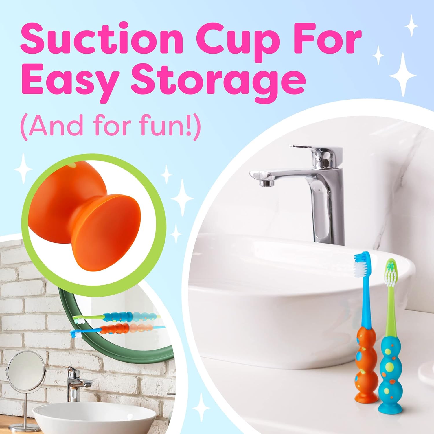 Trueocity Kids Toothbrush 4 Pack - Soft Contoured Bristles - Child Sized Brush Heads (3-10 Year Old) - Suction Cup for Fun & Easy Storage - Girl & Boy Set (Blue & Orange)