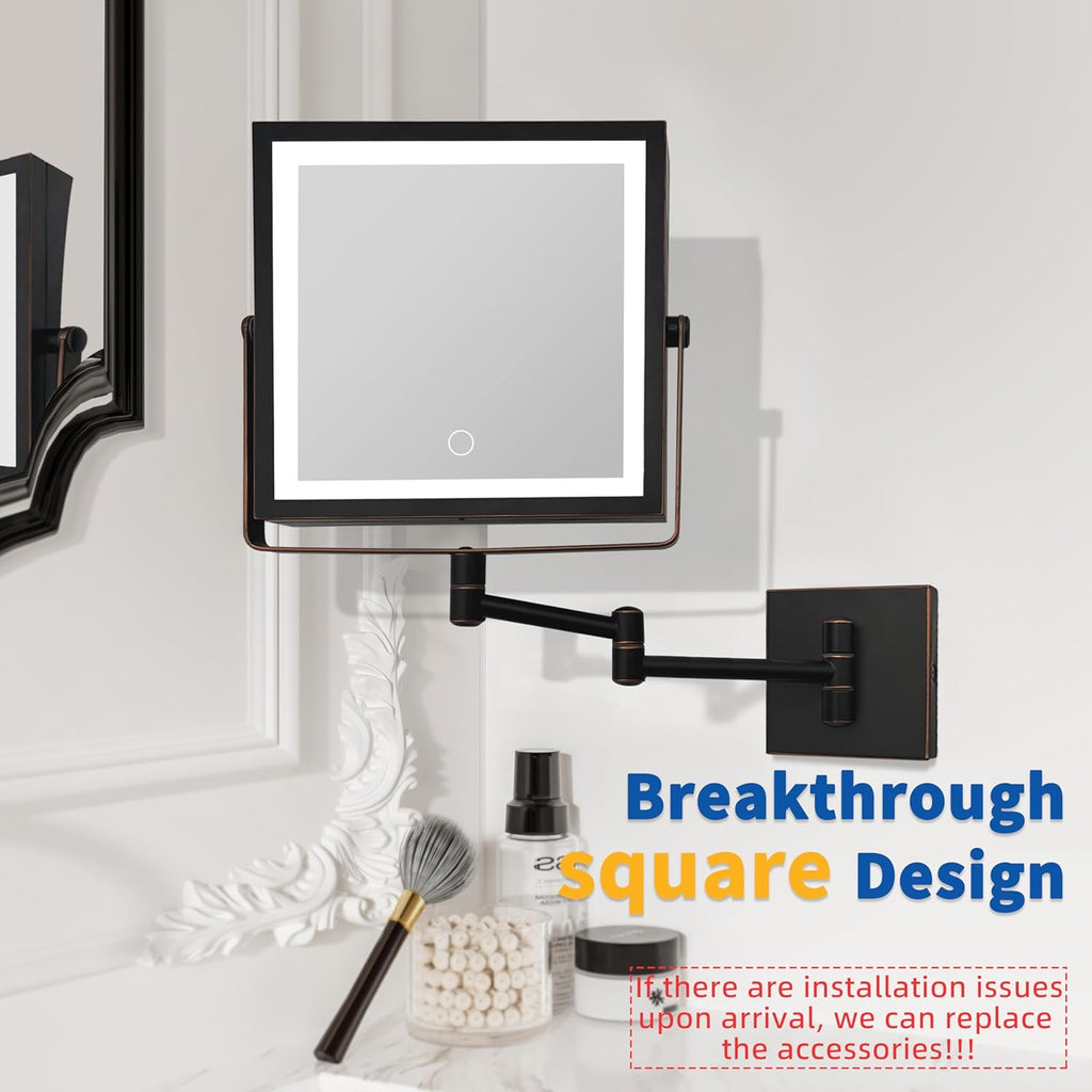 Ruacq Rechargeable Wall Mounted Makeup Mirror with Lights, Double Sided 1X/10X Magnifying Vanity Mirror with 3 Color Lights, Touch Screen Dimmable, 360° Rotation Foldable Arm (Oil Rubbed Bronze)
