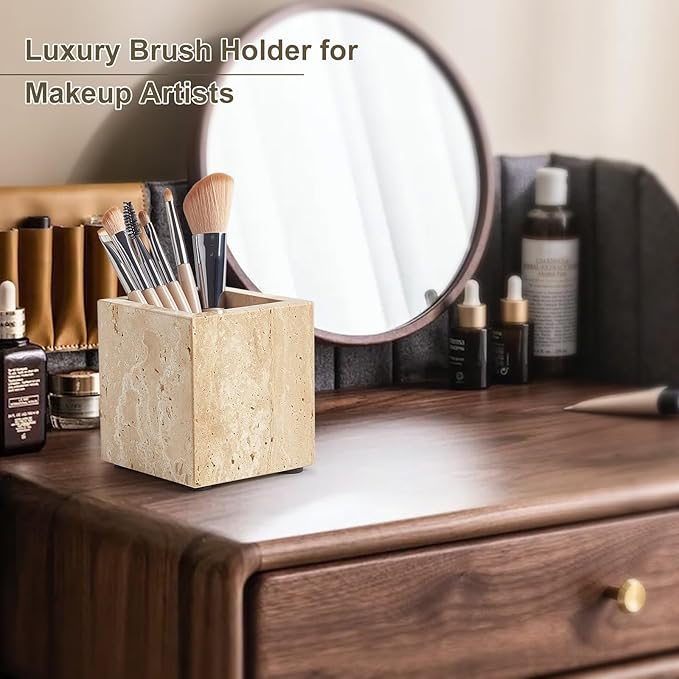 Real Natural Travertine Marble Toothbrush Holder & Pen Holder & Makeup Brush Holder & Utensil Holder, Genuine Stone Rectangular Bathroom Tumbler Cup, Durable Office & Home Countertop Organizer