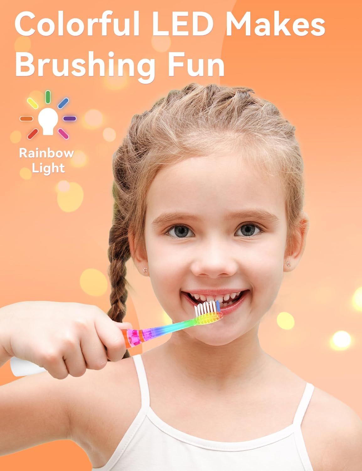 SEAGO Kids Electric Toothbrush with 2 Mins Brushing Timer and 4 Replacement Bursh Heads, Rainbow LED Light Make Brushing Fun, Boys Battery Powerd Toothbrush for 4-12 Years Old，SG-977(Orange)