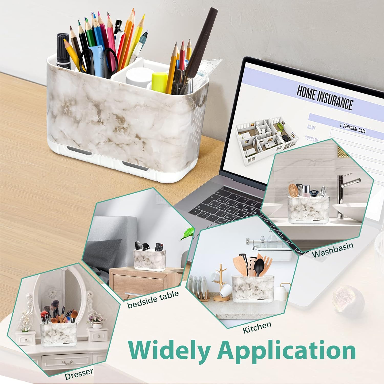 Boperzi Electric Toothbrush Holder for Bathroom Organizer Countertop, Detachable Anti-Slip Toothpaste Storage Caddy 6 Slots White Marble with Drainage Holes for Makeup Brush Razor Stand