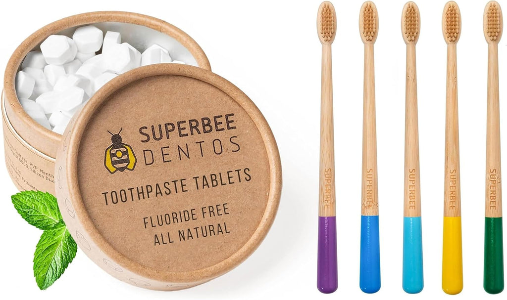 SuperBee Dentos Toothpaste Tablets & Biodegradable Bamboo Toothbrushes, 150 Tabs, Fluoride Free & Eco Friendly, Travel Mouthwash Tablets, Sensitive Bites Kids Adults