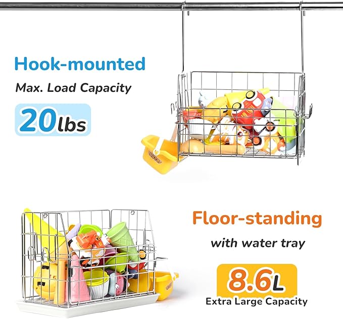 Umimile 304 Stainless Steel Bath Toy Organizer - 8.6L Rustproof Baby Bathtub Toy Storage with Quick-Dry Drain Holes, Mold Resistant Design for Toys/Shampoo, 3-Way Mount (Wall, Hanging, Stand)