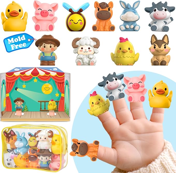 Oriate Animal Farm Finger Puppets, Bath Toys for Kids with Storage Bags, Toddler Toys for Story Time Stuffer with Puppet Theater, Educational Travel Kit Party Favors 12m+ 10Pcs