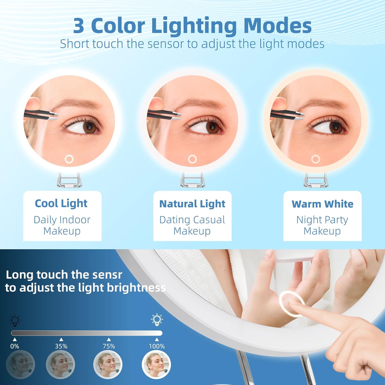 20X Magnifying Mirror with Light, Rechargeable 3 Colors Dimming Lighted Magnifying Mirror with 3 Suction Cups and 360° Stand, 6" Large Travel Tabletop Magnified Makeup Mirror with Tweezers & Scissors