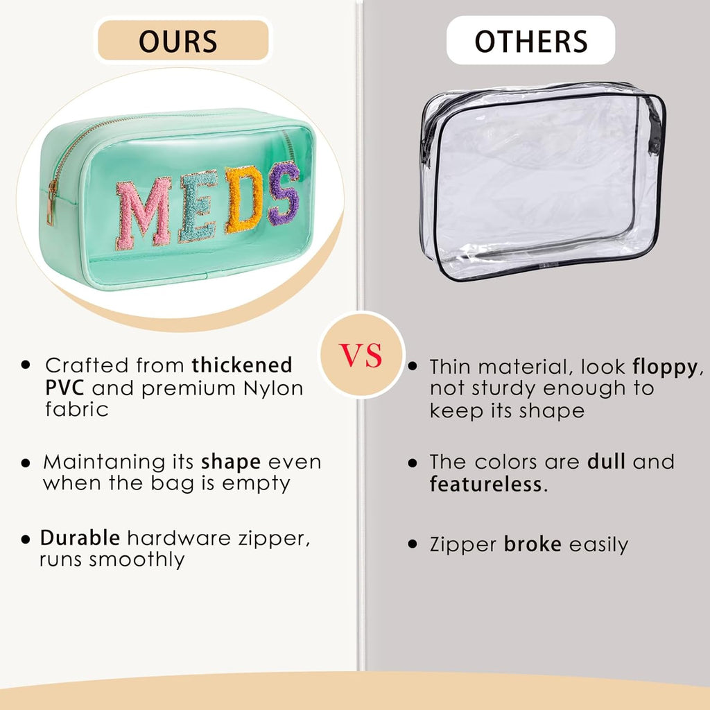 2Pcs Large Chenille Letter Clear Medicine Makeup Bag Set,Nylon PVC Waterproof Rx Meds Pouch with Metal Zipper, Cute Drug First Aid Travel Organizer for Women Girls(2pcs Mint)