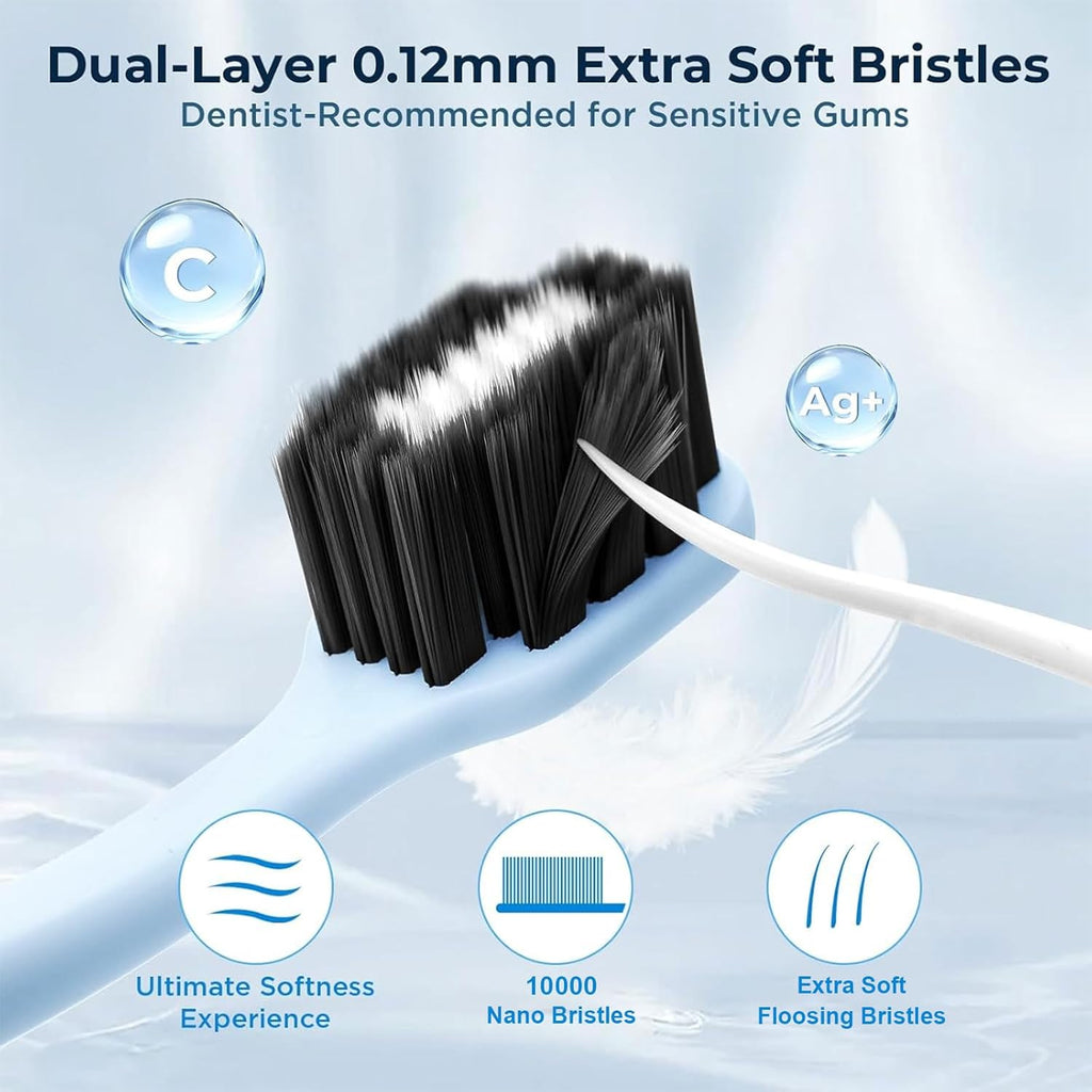 Morning Freshness Extra Soft Bristle Toothbrush with Charcoal & Silver Ions, 10000+ Ultra Soft Bristles for Sensitive Gums, Wide Head Soft Toothbrushes for Adults, Pregnant, Elderly, Braces (6 Pack)