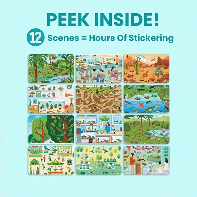 Cupkin Reptiles Sticker Book Activity for Kids, Toddler Airplane Travel Essentials, 500+ Frog Stickers for Kids + 12 Scenes + 12 Coloring Book Pages, Turtle Lover Gift, Crafts Ages 2-8