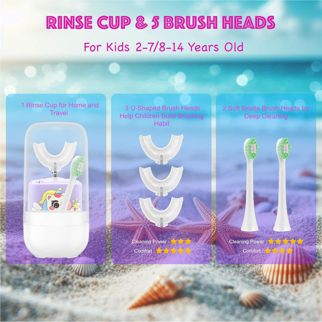 Kids Electric Toothbrush, U Shaped Toothbrush Kids Sonic Automatic Brush with Cup 5 Brush Head 6 Sonic Clean Modes IPX7 Waterproof Unicorn Design Rechargeable Smart Timer for Children 8-14