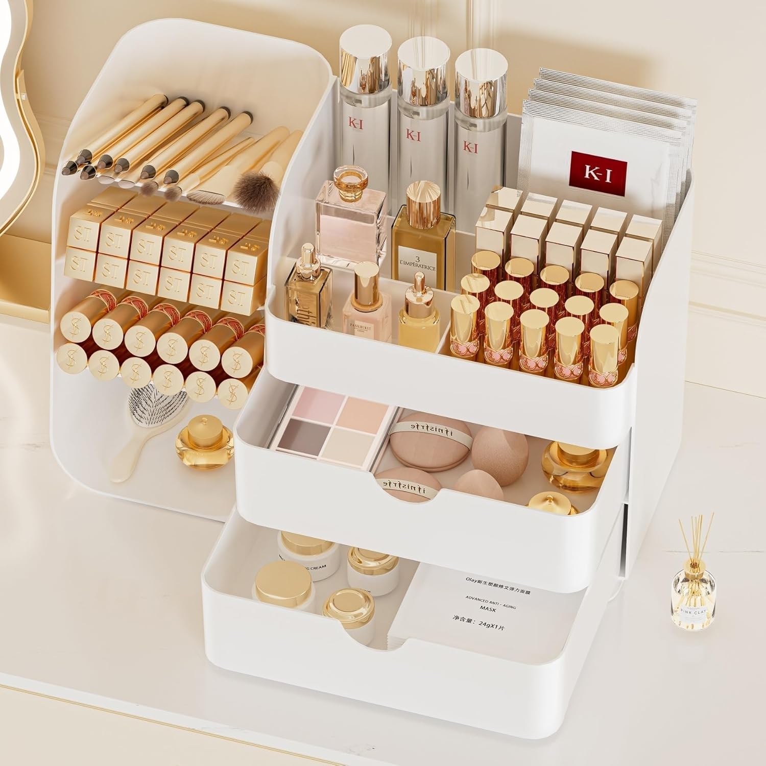 Makeup Organizer with Drawers,Large Capacity Countertop Organizer for Vanity,Bathroom and Bedroom Desk Cosmetics Organizer,Easy To Storage Skincare,Brushes, Eyeshadow,Lipstick (All White, Large)