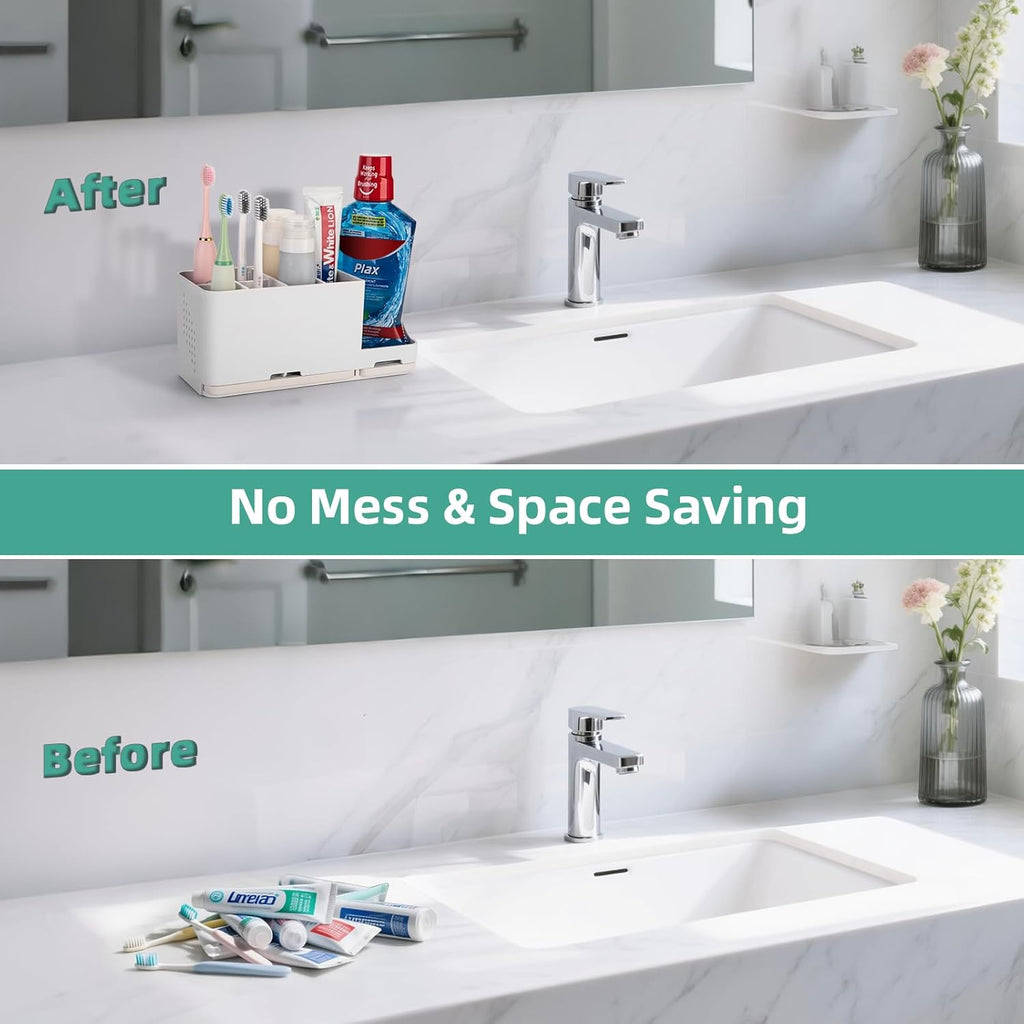 Toothbrush Holder for Bathroom Organizer with Diatom mud Board，Detachable 8 Slots Kids Electric Toothbrush Holder and Toothpaste Stand for Countertop Accessories Storage (White)