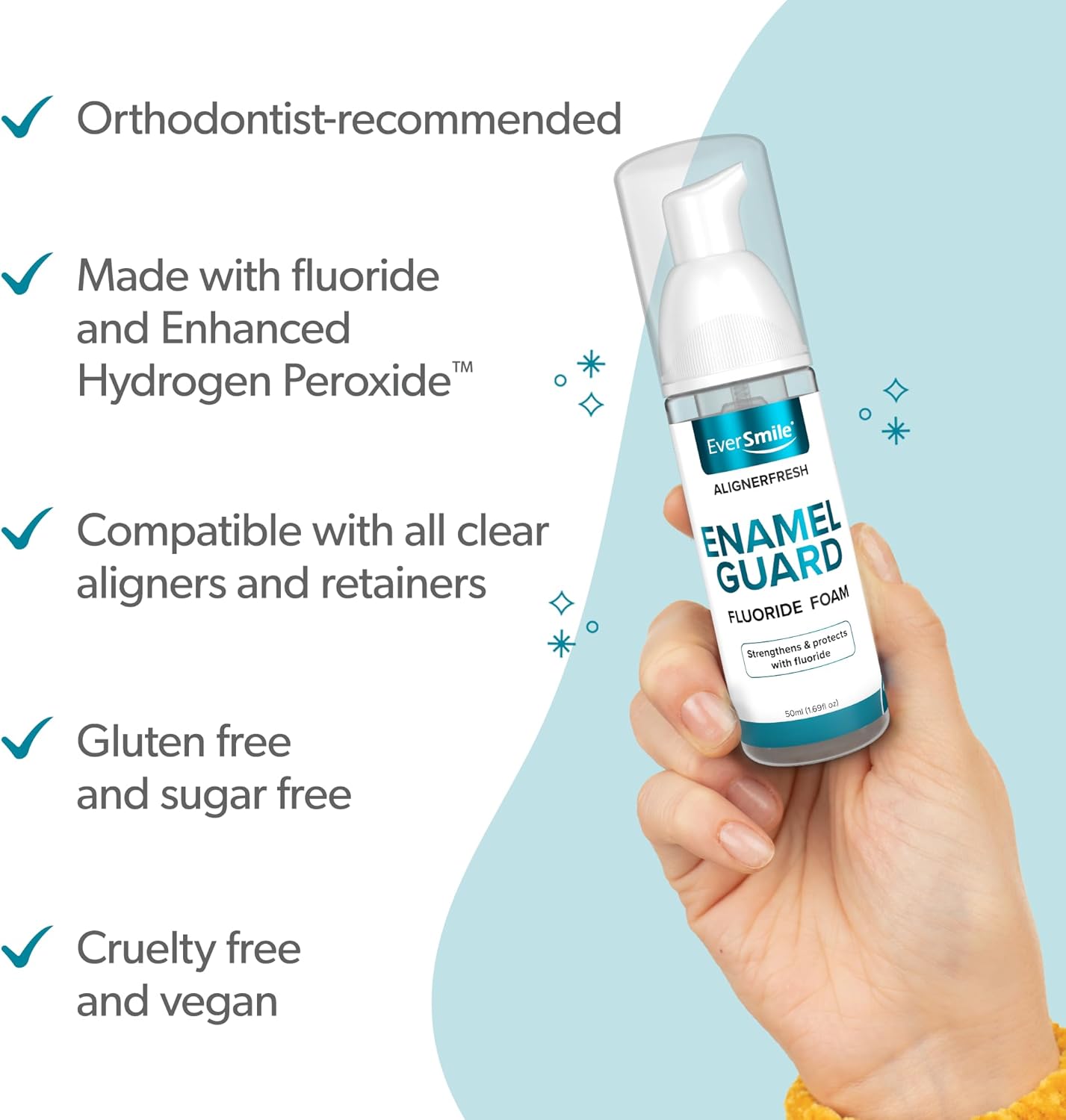 EverSmile AlignerFresh Enamel Guard Fluoride Foam – Aligner & Retainer Cleaner/Whitener with Enamel Protection – Strengthens, Protects & Whitens Teeth, Eliminates Bacteria – Fresh Mint, 1 Pack (50ml)