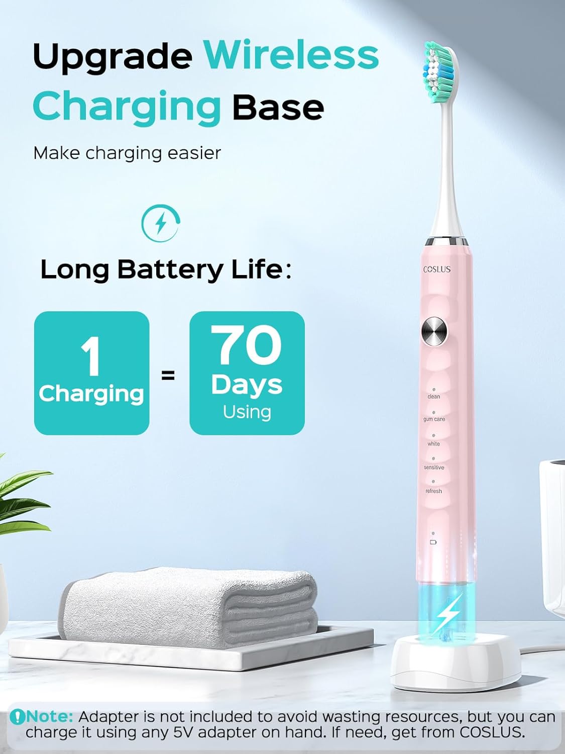 COSLUS Sonic Electric Toothbrush for Kids & Adults: 47000 VPM for Deep Cleaning & Whitening with Travel Case - 5 Modes for Sensitive Teeth & Braces, Wireless Charging, 6 Brush Heads for Home Family
