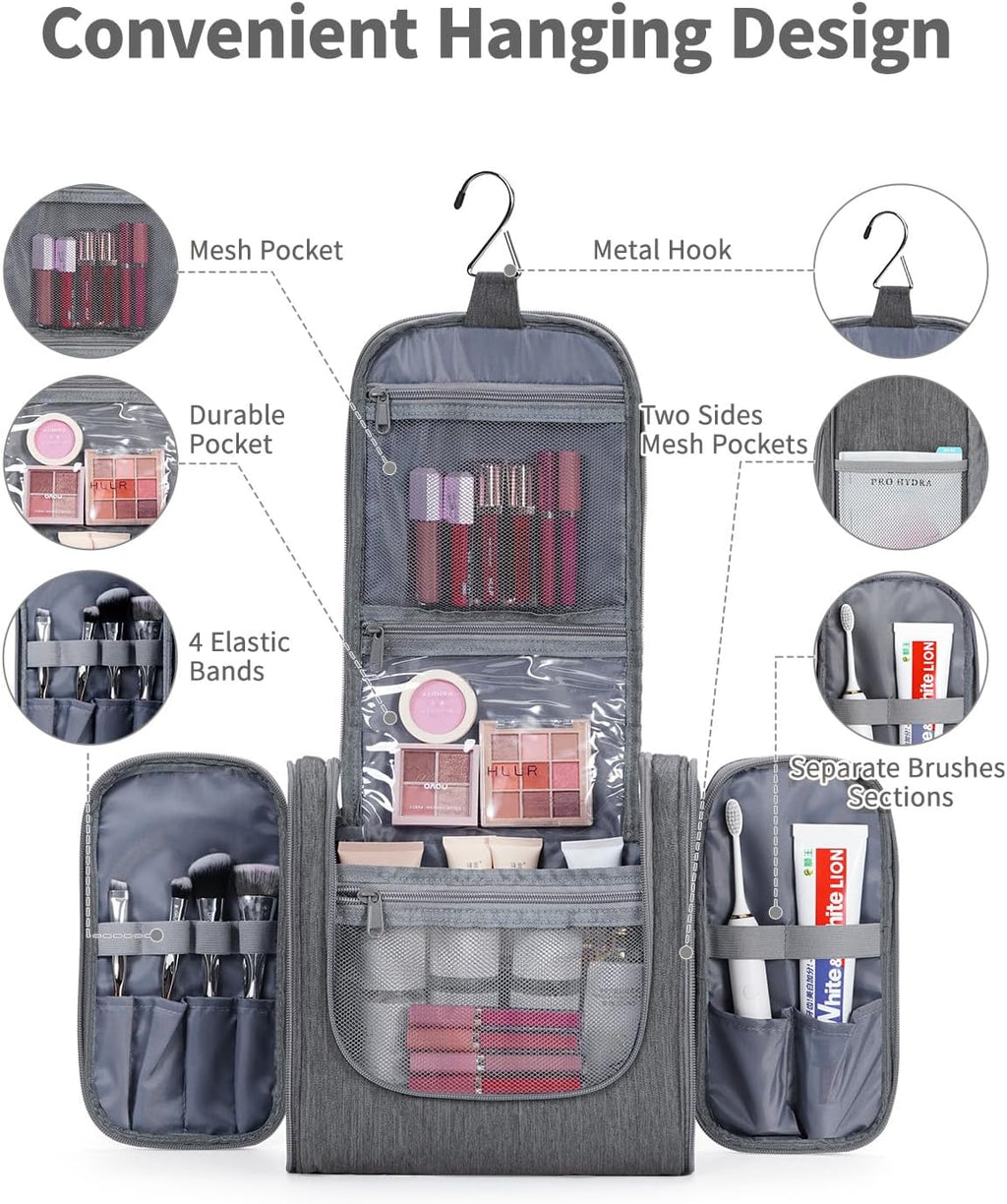 Narwey Hanging Toiletry Bag for Women Travel Makeup Bag Organizer Toiletries Bag Men for Cosmetics Essentials Accessories (Large, Grey)