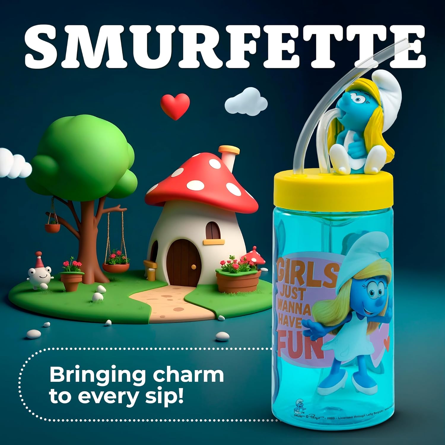 Smurfette Cup, Water Bottle, Tumbler with Lid and Straw, Travel Sippy Cup for Water or Milk, Cups with Lids BPA Free Plastic, 12 oz