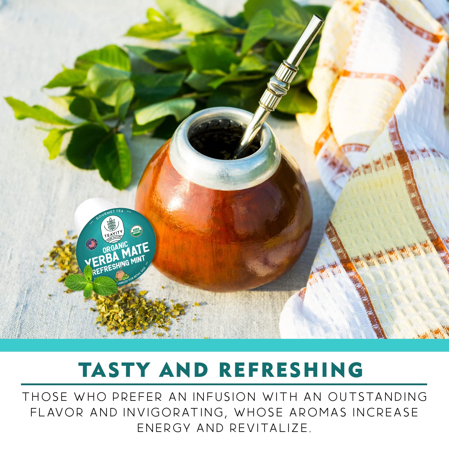 Organic Yerba Mate Refreshing Mint Tea Pods - Naturally Caffeinated Yerba Mate Tea Pod for Keurig Brewers by Teavity (36 Tea Pods)