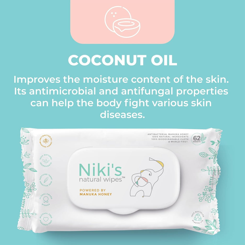 Niki's Natural Baby Wipes | Sensitive Organic Baby Wipes | Made with Manuka Honey and Coconut Oil, No Added Scents | EWG Verified | 744 Wipes (12 Pack x 62 Count Wipes) Baby Wipes Bulk