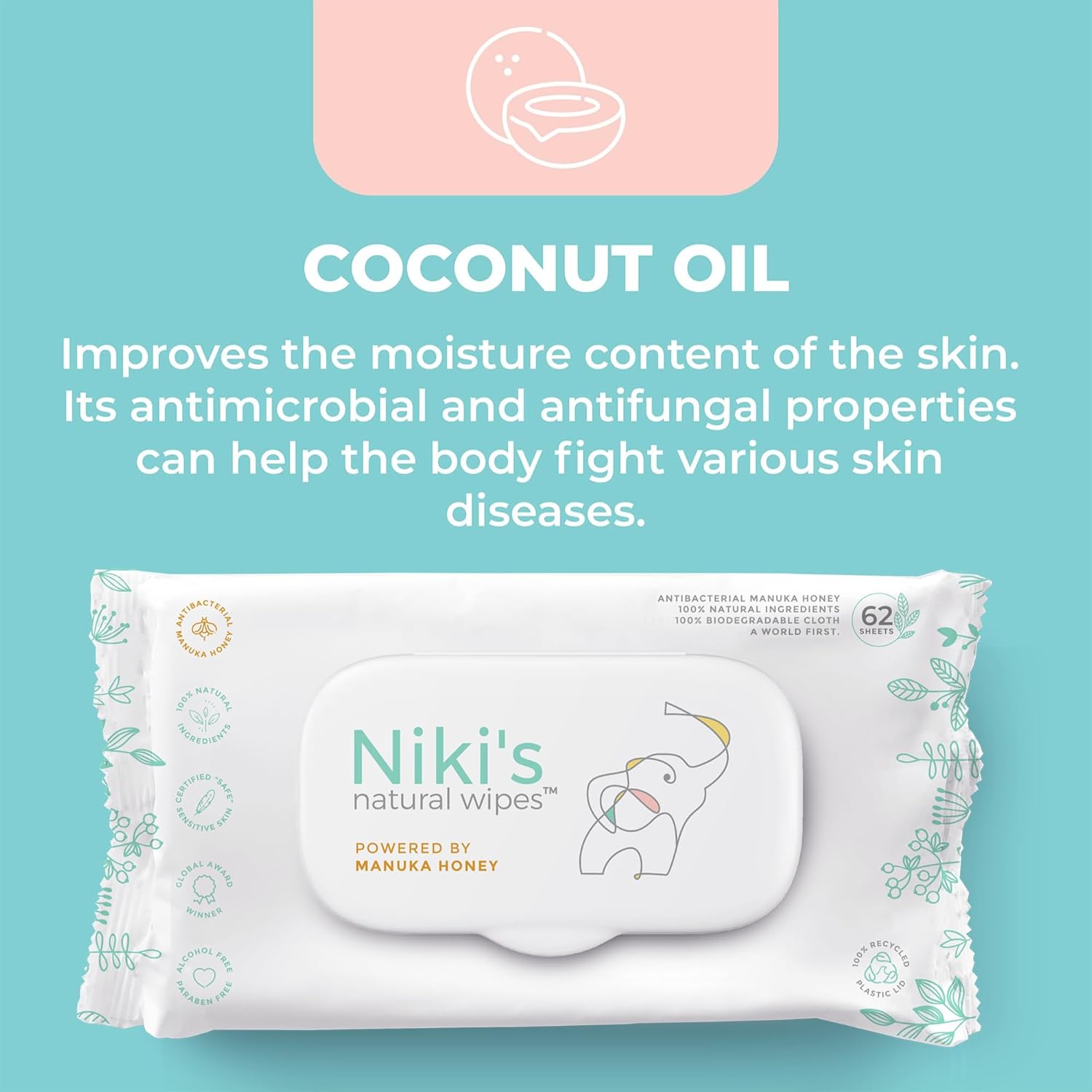 Niki's Natural Baby Wipes | Sensitive Organic Baby Wipes | Made with Manuka Honey and Coconut Oil, No Added Scents | EWG Verified | 744 Wipes (12 Pack x 62 Count Wipes) Baby Wipes Bulk