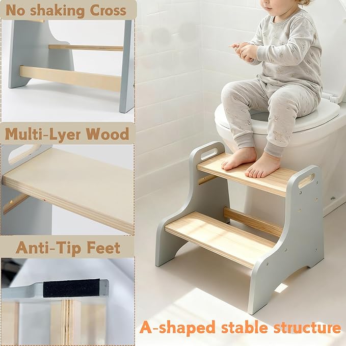 Toddler Step Stool, 2-Step Wooden Step Stool with Adjustable Hight, Sturdy 330lbs Capacity Kid Stool for Toddlers, Easy-Wipe Surface (Natural Grey)