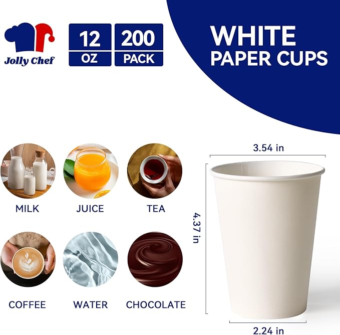 JOLLY CHEF 200 Count 12 oz Coffee Cups, Leak-Proof White Paper Cups for Coffee, Water, Juice, or Tea, Suitable for Party, Picnic, Travel, and Events