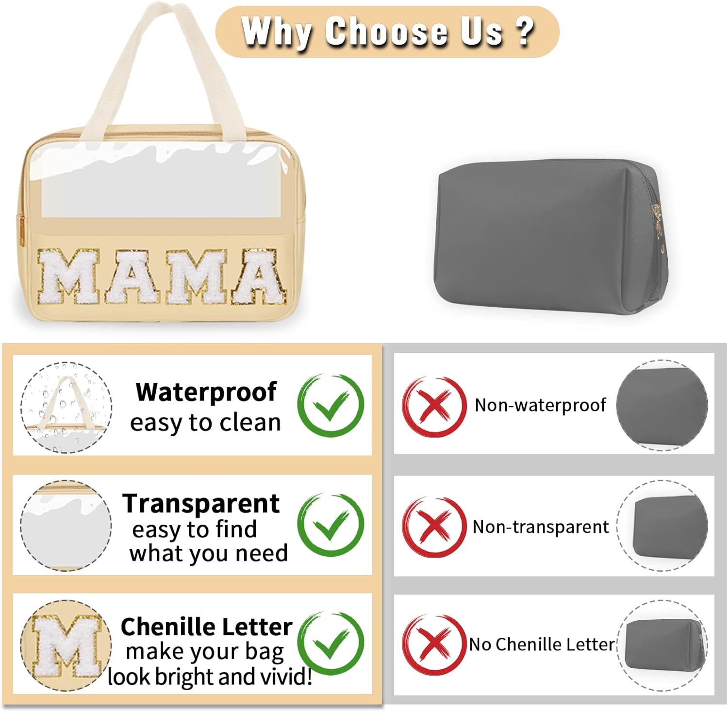 Preppy Clear Mama Makeup Bags with Chenille Letter Patches, Travel Essentials Large Clear Make up Bag Zipper Pouch with Handle, Waterproof Nylon Cosmetic Toiletry Storage Tote for Women (MAMA-Beige)