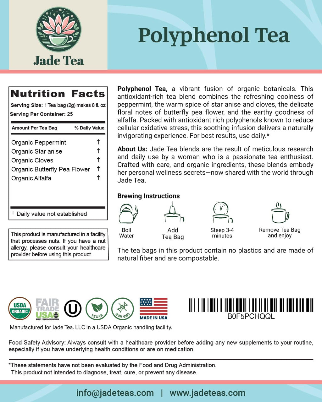 Jade Tea - Organic Polyphenol Tea - Peppermint Leaf, Star Anise, Clove, & Butterfly Pea Flower - Antioxidant Rich for Inflammation Support - 25 Count (Pack of 1) - Made In USA