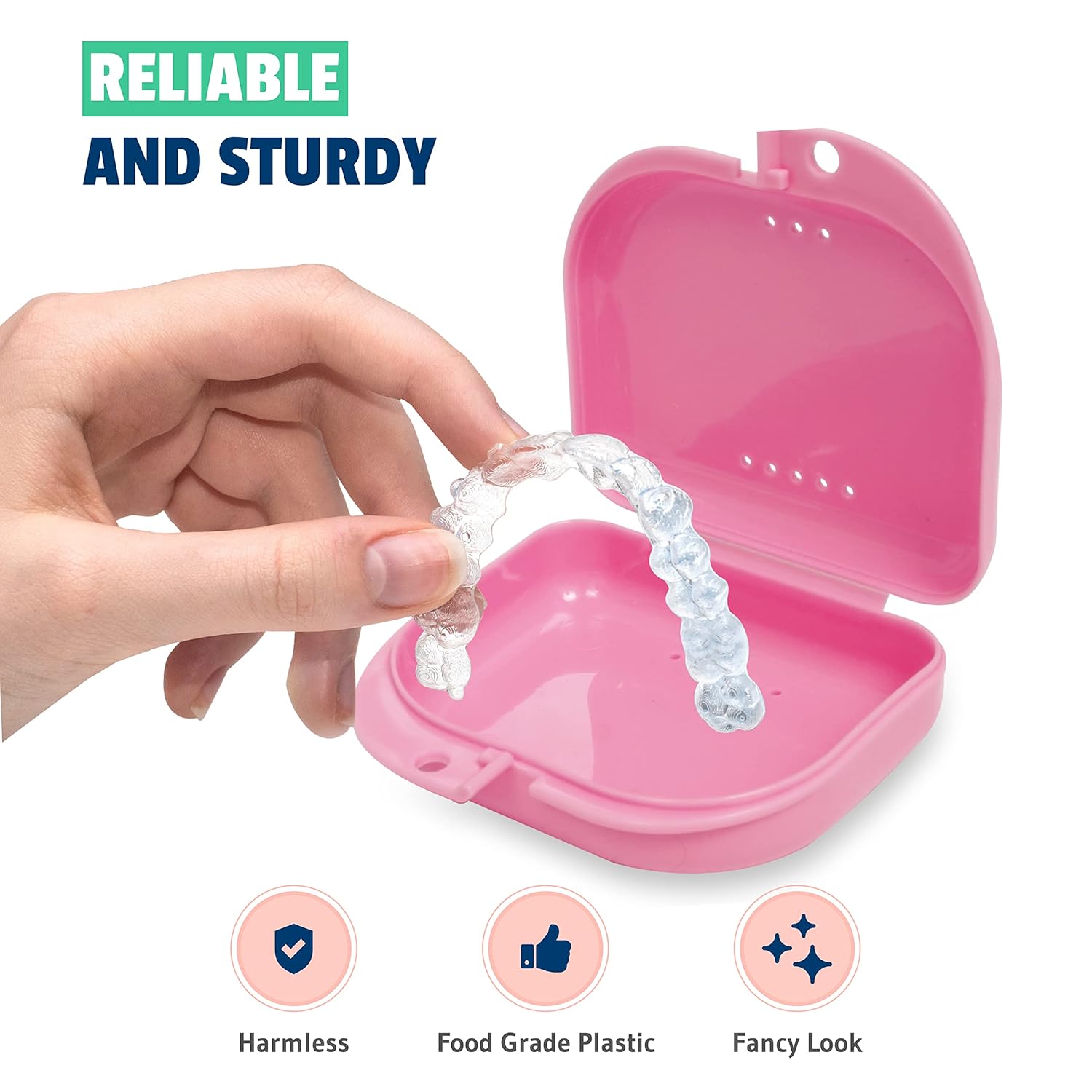 Pink Retainer Case - Pack of 2 - Odorless Mouth Guard Case - Retainer Holder - Ventilated, Durable & Hygienic Cases for Travel, Carrying and Protecting Braces, Partial Dentures & Aligners