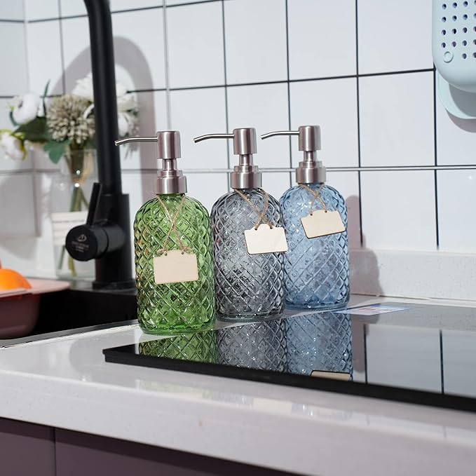 16 oz Diamond Pattern Glass Soap Dispenser, Kitchen and Bathroom Refillable Soap Dispenser with Rust Resistant Stainless Steel Pump for Hand Soap, Lotion Glass Liquid Dispenser (Blue)
