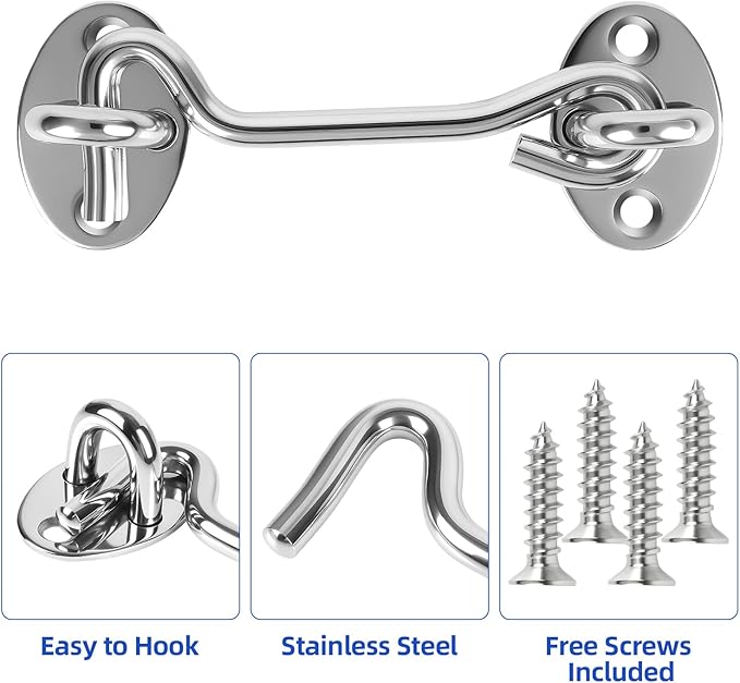 4" Silver Stainless Steel Gate Latch, Barn Door Lock with Screws, Privacy Hook for Inside Door, Fence, Window, 4 PCS
