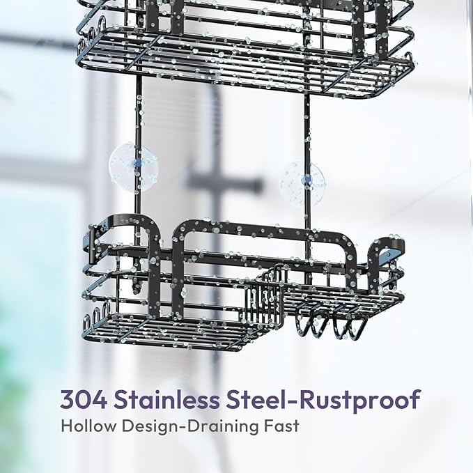 SWTYMIKI Shower Caddy Hanging Organizer - Over the Door Shower Caddy with Soap Holder, 11 Hooks, 2 Installation Ways, Stainless Steel Rustproof Bathroom Organizer, Black