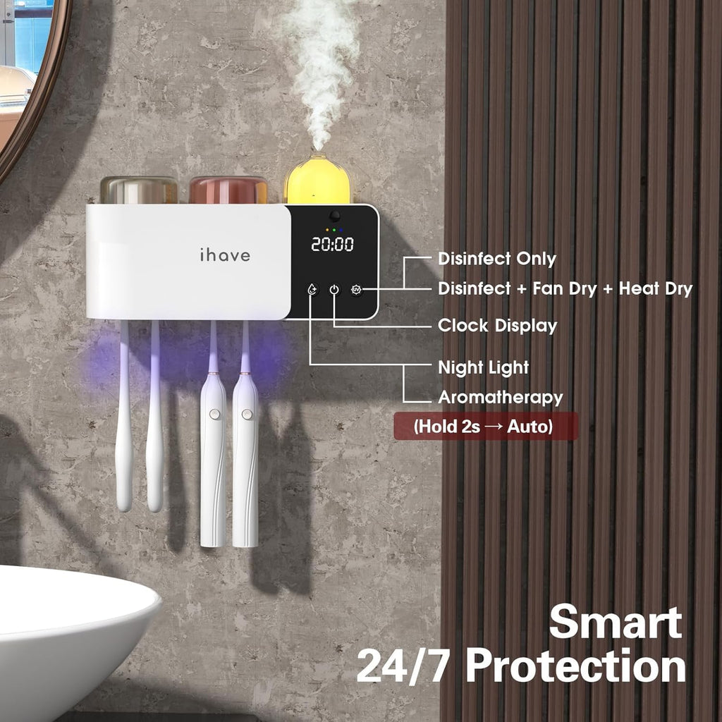 iHave Toothbrush Holders with UV Toothbrush Sanitizer, Aromatherapy Diffuser & IR Night Light - 4-Hour Smart Cruise Disinfection, Auxiliary Combo Drying - Wall-Mounted Bathroom Organizer with 2 Cups