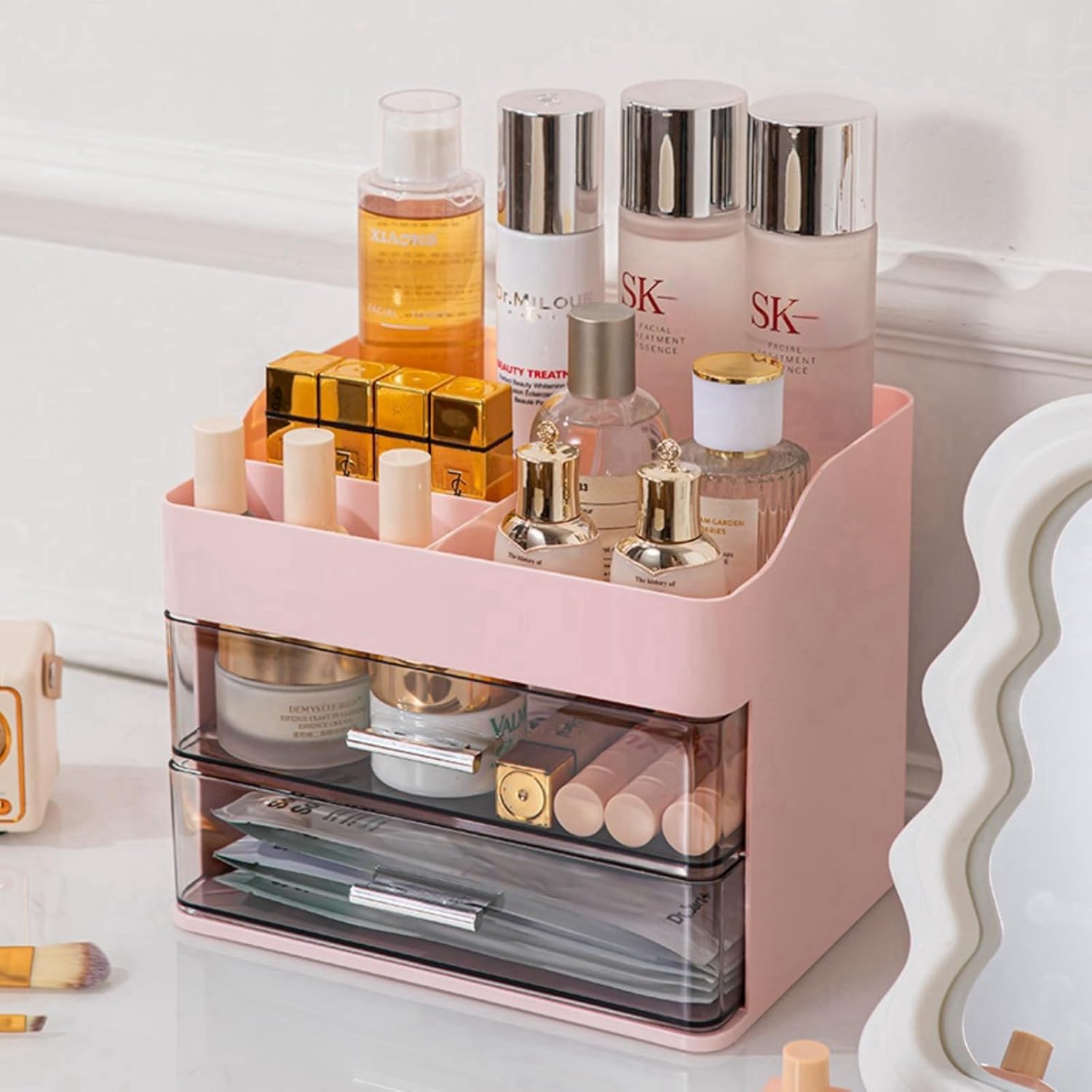 Pink Makeup & Skincare Organizer - 2 Drawer Vanity Storage Box with Cosmetic Display Case