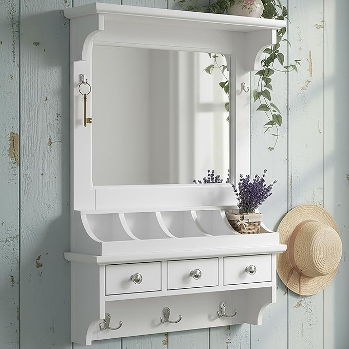 Merax Floating Hall Tree 2-in-1 Entryway Storage Makeup Vanity, with Coat Rack Hooks & 3 Drawers & Big Mirror & Key Hooks, Space-Saving Wall-Mounted Home Organizer for Small Space, White