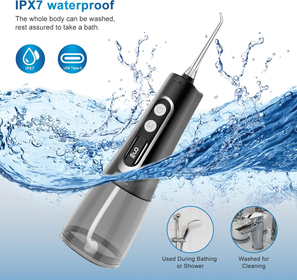 Water Dental Flosser Oral irrigator,JNGOODS 300ml Rechargeable Water flosser for Teeth IPX7 Waterproof 9 Modes Portable Oral Irrigator. LED Display with 4 Jet Tips, Travel Home use (Black)